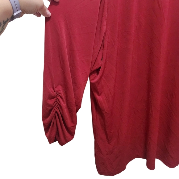 Susan Graver Liquid Knit Plus Size 3X Open Front Cardigan Ruched Sleeves Red - Picture 2 of 5